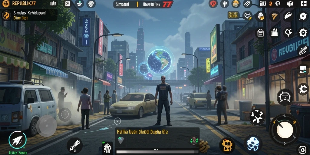Tampilan gameplay REPUBLIK77 saat berinteraksi dengan karakter lainnya.