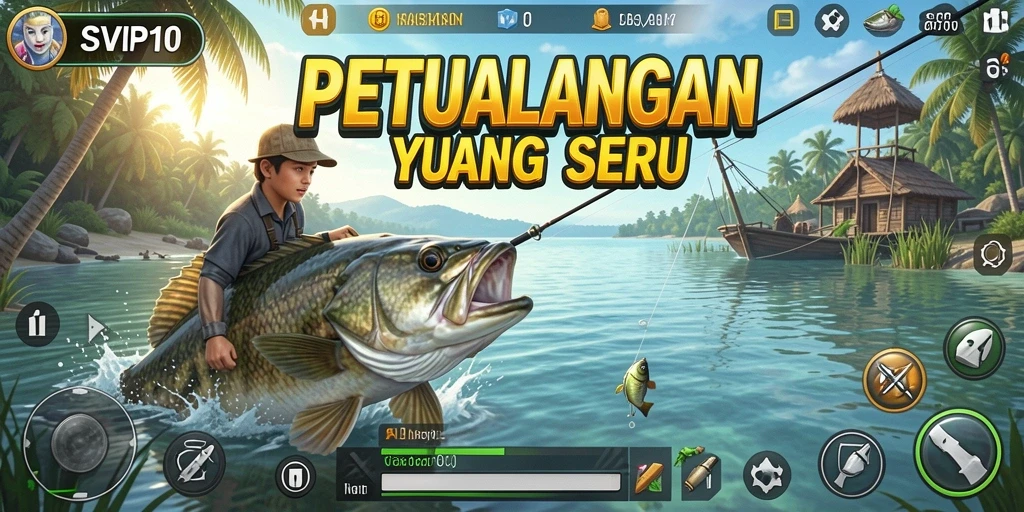 Screenshot gameplay SVIP10 menampilkan aksi seru di lokasi memancing yang indah.