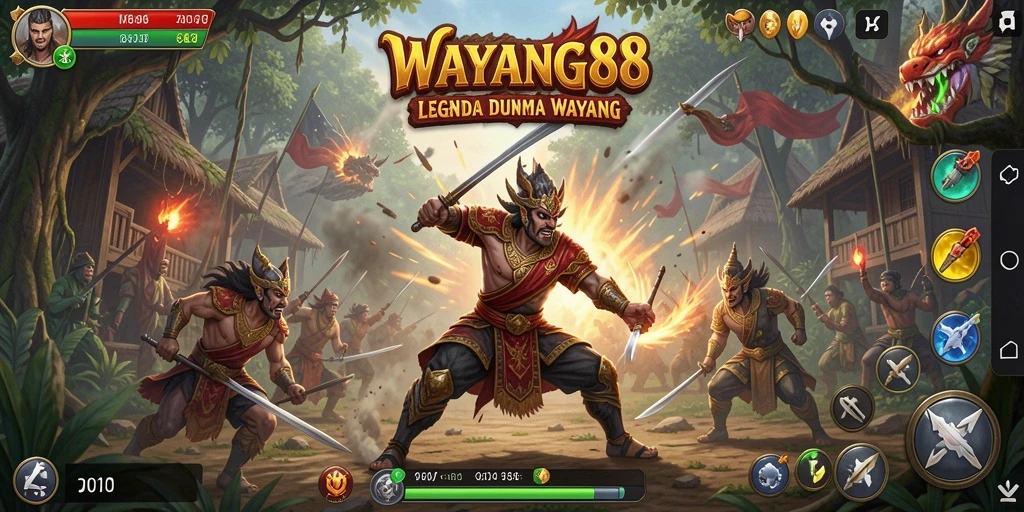 Screenshot dari pertarungan seru dalam WAYANG88 dengan karakter wayang.